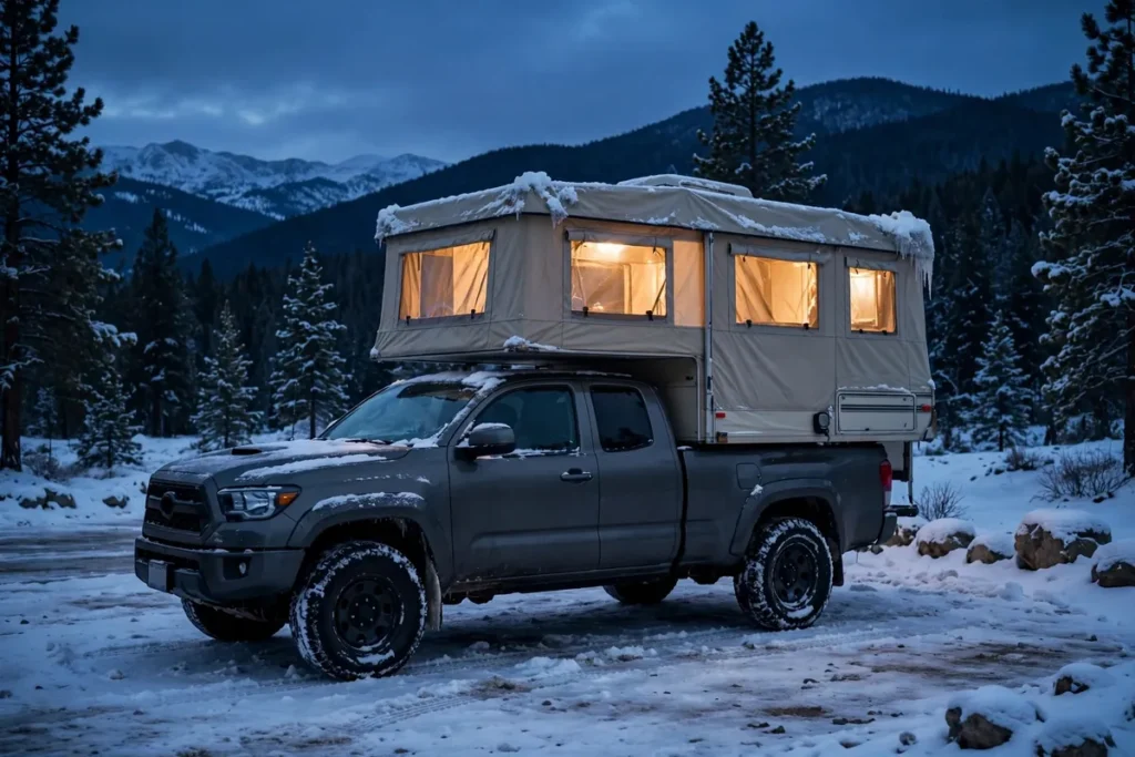 Winter Camping in a Pop-Up Truck Camper: Canvas, Condensation, and Cold Nights 8 Pop-up truck camper camping in snow at night — canvas walls, condensation control and staying warm in winter