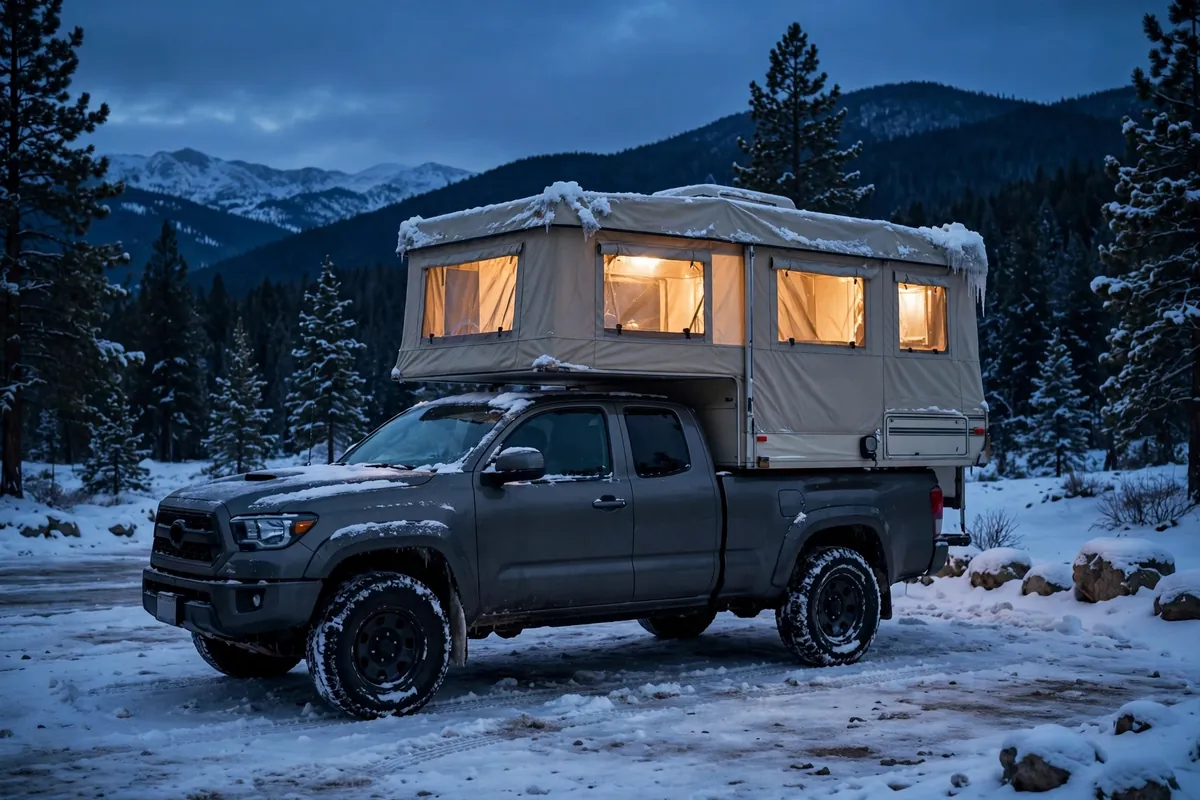 Pop-up truck camper camping in snow at night — canvas walls, condensation control and staying warm in winter