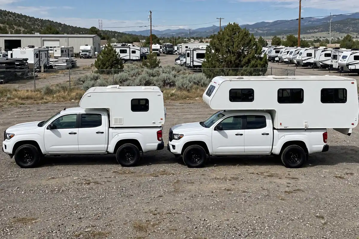 Compact Lance 650 and longer Lance 825 on identical white pickups in a dealer lot