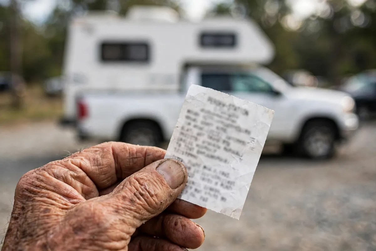 Printed CAT scale weigh ticket held in a hand with a truck camper blurred behind