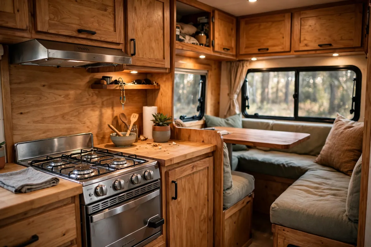 Truck camper galley with stainless three-burner range and oven, U-shaped dinette behind