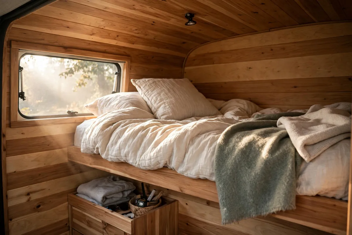 Cozy made-up bunk bed in a truck camper cabover with morning light through the window