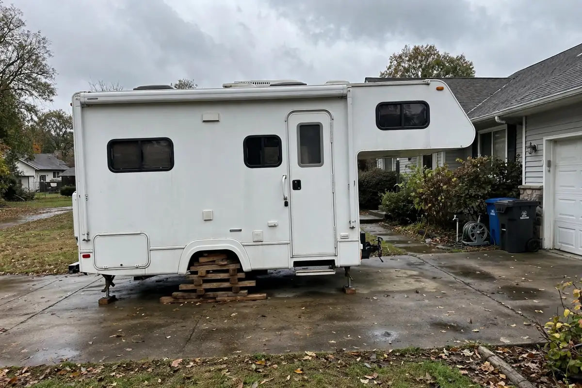 How to Load a Truck Camper by Yourself: The Nose-High Rule, Wind Limits, and When to Abort 7 Truck camper stored low on wooden cribbing blocks with jacks barely extended beside a house