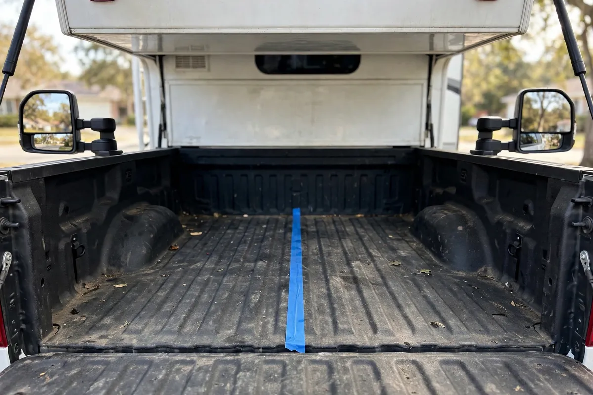 How to Load a Truck Camper by Yourself: The Nose-High Rule, Wind Limits, and When to Abort 4 Blue painter's tape centerline marks on a pickup truck bed for aligning a truck camper during solo loading