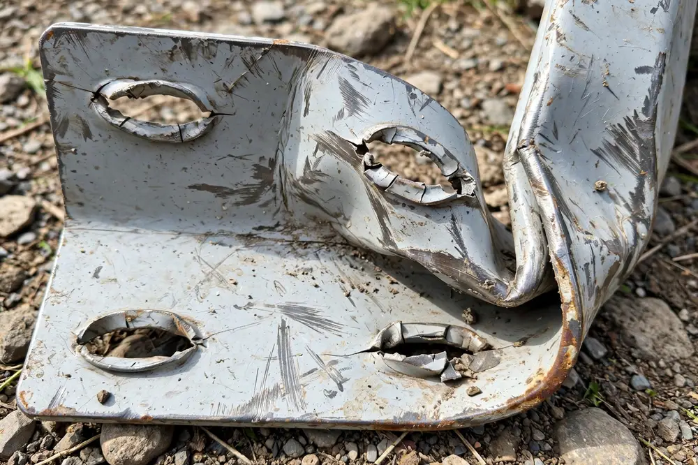 How to Load a Truck Camper by Yourself: The Nose-High Rule, Wind Limits, and When to Abort 2 Bent twisted truck camper jack mounting plate with deformed bolt holes after a loading mishap