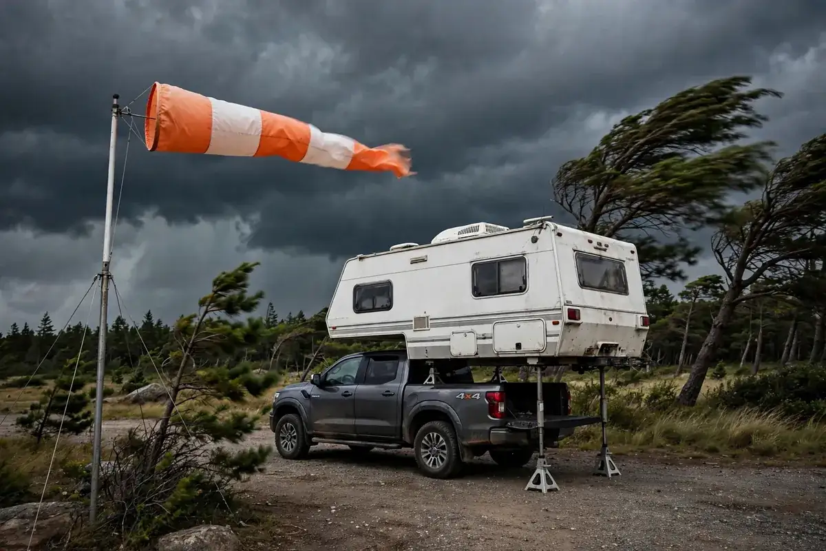 How to Load a Truck Camper by Yourself: The Nose-High Rule, Wind Limits, and When to Abort 6 Windsock flying horizontal in strong wind beside a truck camper raised on jacks