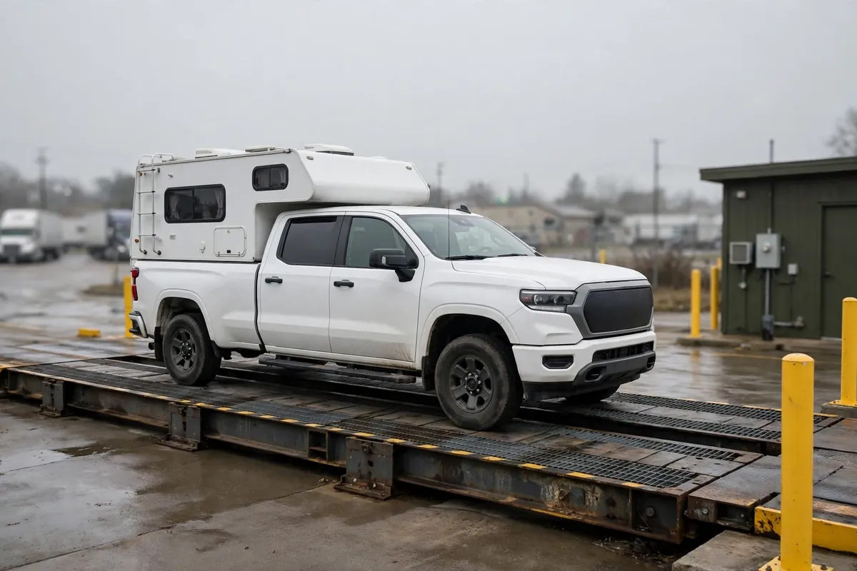 Pickup truck with slide-in camper on a CAT scale at a truck stop to verify real Ram 2500 truck camper payload weights