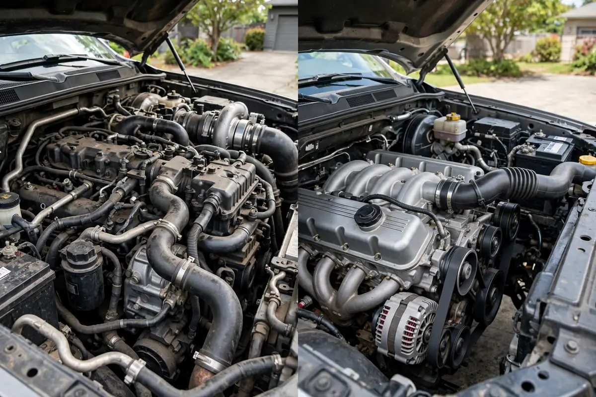 Side-by-side comparison of a heavy diesel engine bay and a lighter gas V8 engine bay, showing why the diesel Ram 2500 has less truck camper payload