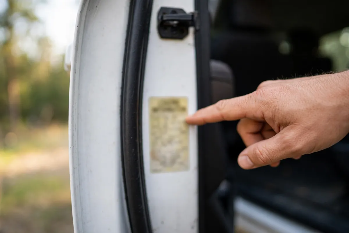 Owner reading the Tire and Loading Information payload sticker in a Ram 2500 door jamb to check Ram 2500 truck camper payload