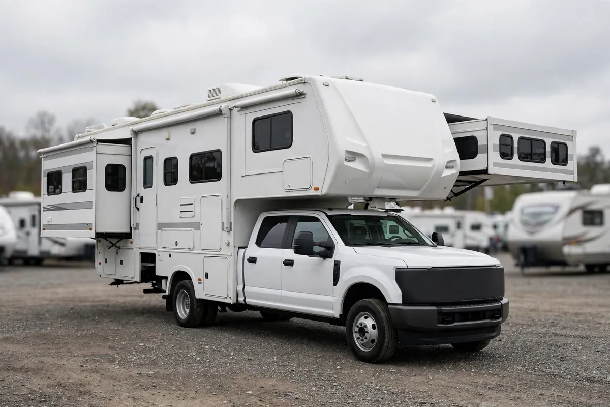 Oversized double-slide hard-side truck camper dwarfing a single-rear-wheel pickup at an RV dealer lot, illustrating Ram 2500 truck camper payload overload
