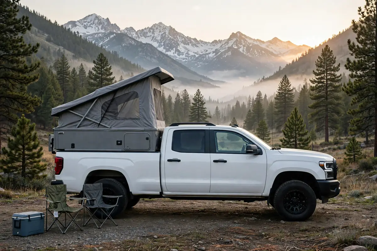 Lightweight pop-up truck camper with raised roof camped in the mountains, a payload-friendly choice for a Ram 2500 diesel
