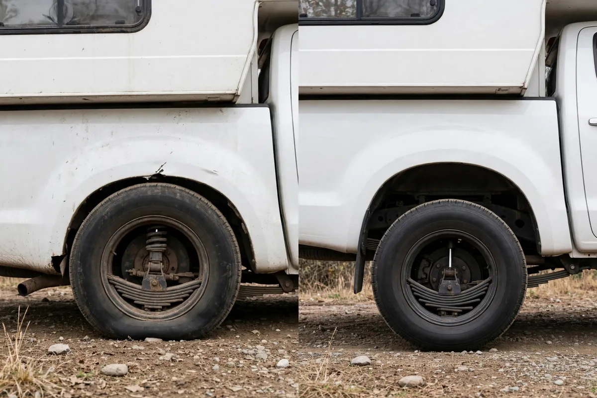 Split comparison of sagging overloaded versus level properly loaded truck camper rear suspension showing coil spring squat