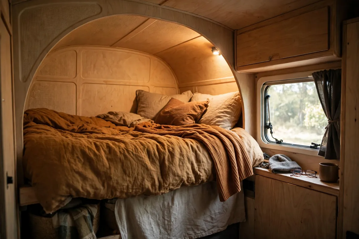 Rent a Truck Camper Before You Buy: Where to Find One and What to Check (2026) 5 Cozy cabover bed with warm bedding inside a truck camper
