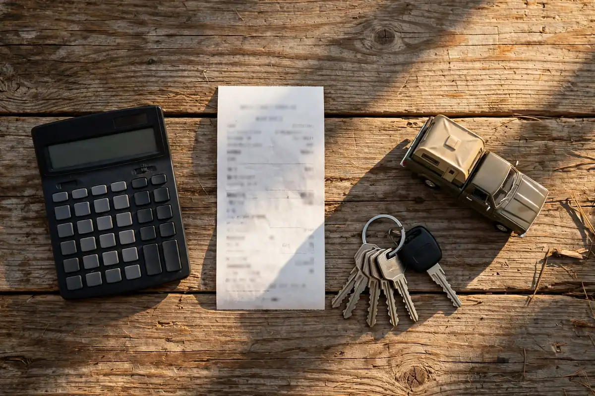 Rent a Truck Camper Before You Buy: Where to Find One and What to Check (2026) 6 Calculator, rental receipt and truck keys on a wooden table comparing rental costs