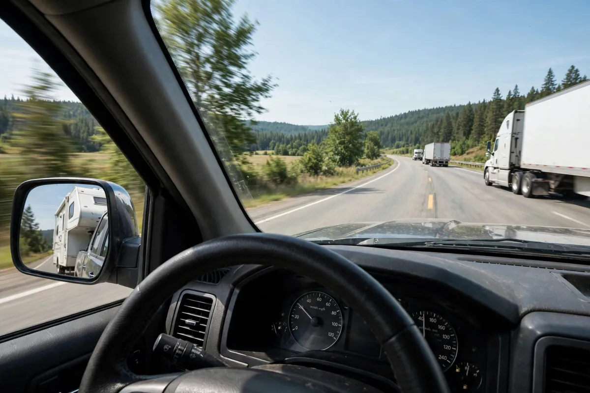 Rent a Truck Camper Before You Buy: Where to Find One and What to Check (2026) 4 Driver's view of a highway with semi trucks while carrying a slide-in truck camper