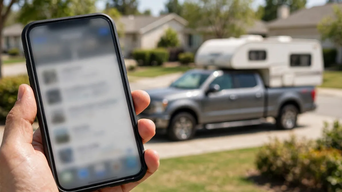 Rent a Truck Camper Before You Buy: Where to Find One and What to Check (2026) 2 Person browsing a truck camper rental listing on a smartphone next to a camper in a driveway