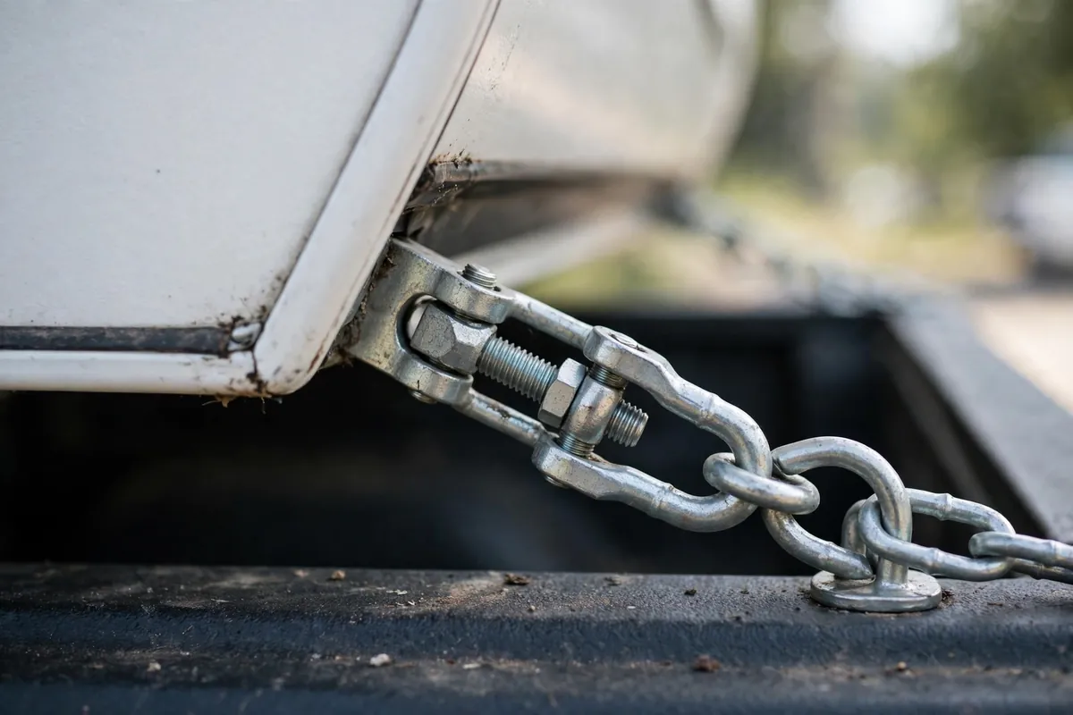 Rent a Truck Camper Before You Buy: Where to Find One and What to Check (2026) 3 Close-up of truck camper tie-down turnbuckles connecting a camper to a pickup truck bed