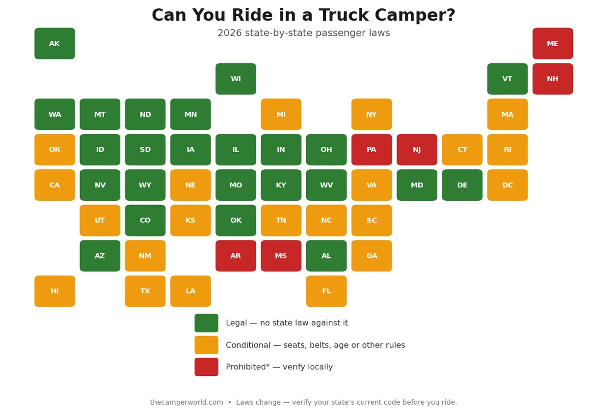 Can You Ride in a Truck Camper? The 2026 State-by-State Guide 3 U.S. map of 2026 state laws on riding in a truck camper