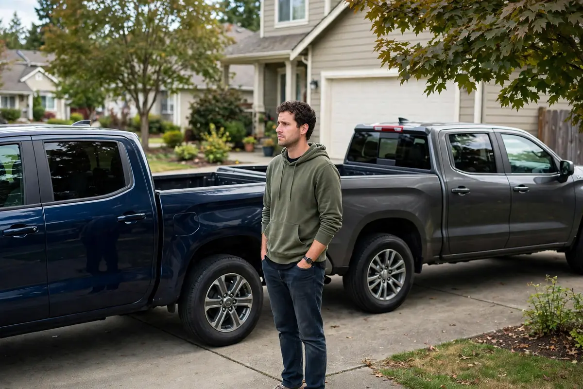 Person comparing a short bed and a long bed pickup truck in a driveway