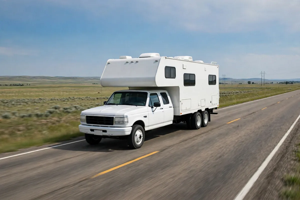 Long bed dually truck carrying a large hard-side truck camper on an open highway