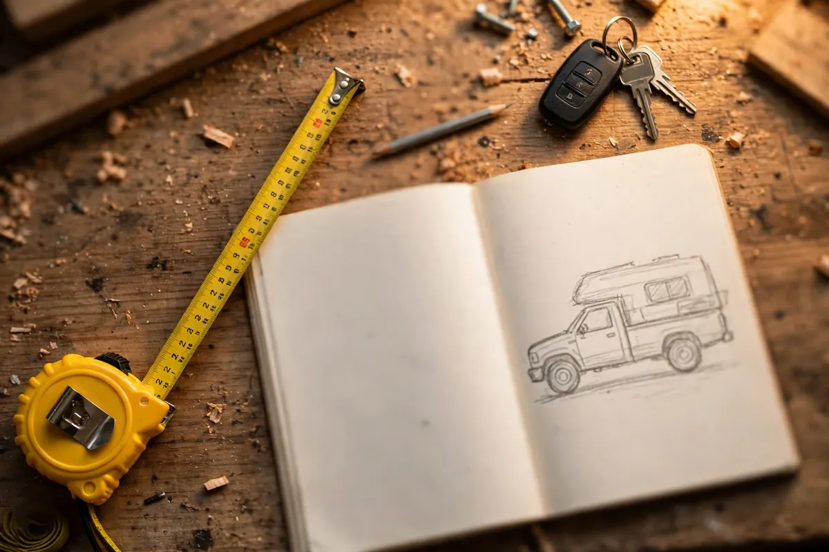 Tape measure, notebook and truck keys on a workbench for planning a camper purchase
