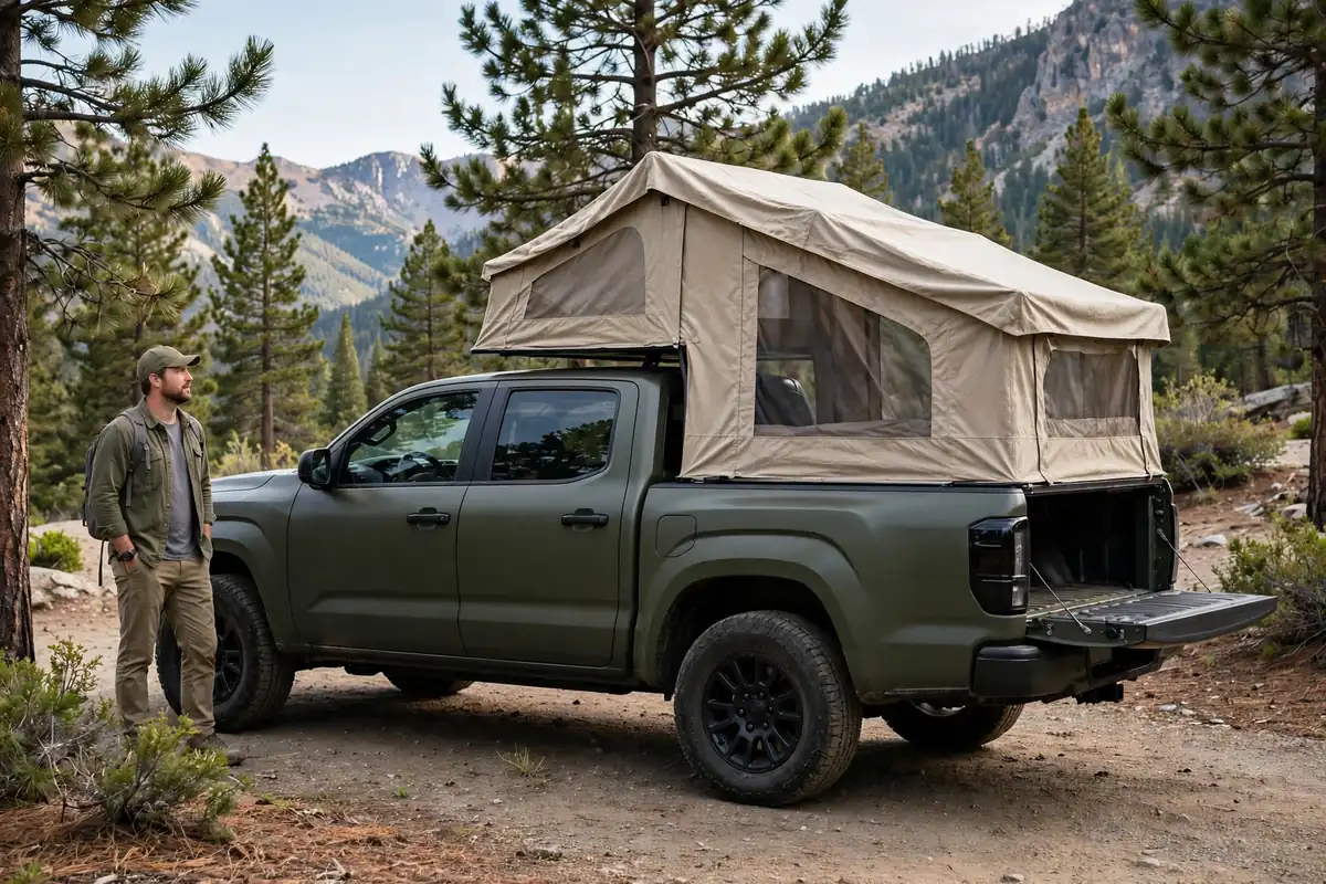 Pop-up truck camper on a crew cab short bed pickup with the tailgate down at a trailhead