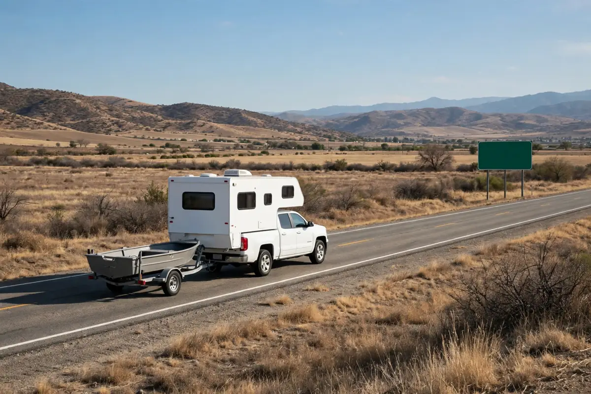 Truck camper towing a single boat trailer on an open highway with a blank highway sign in the distance