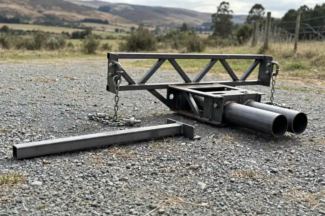 Simple single-tube receiver extension beside a trussed dual-receiver camper hitch with side chains