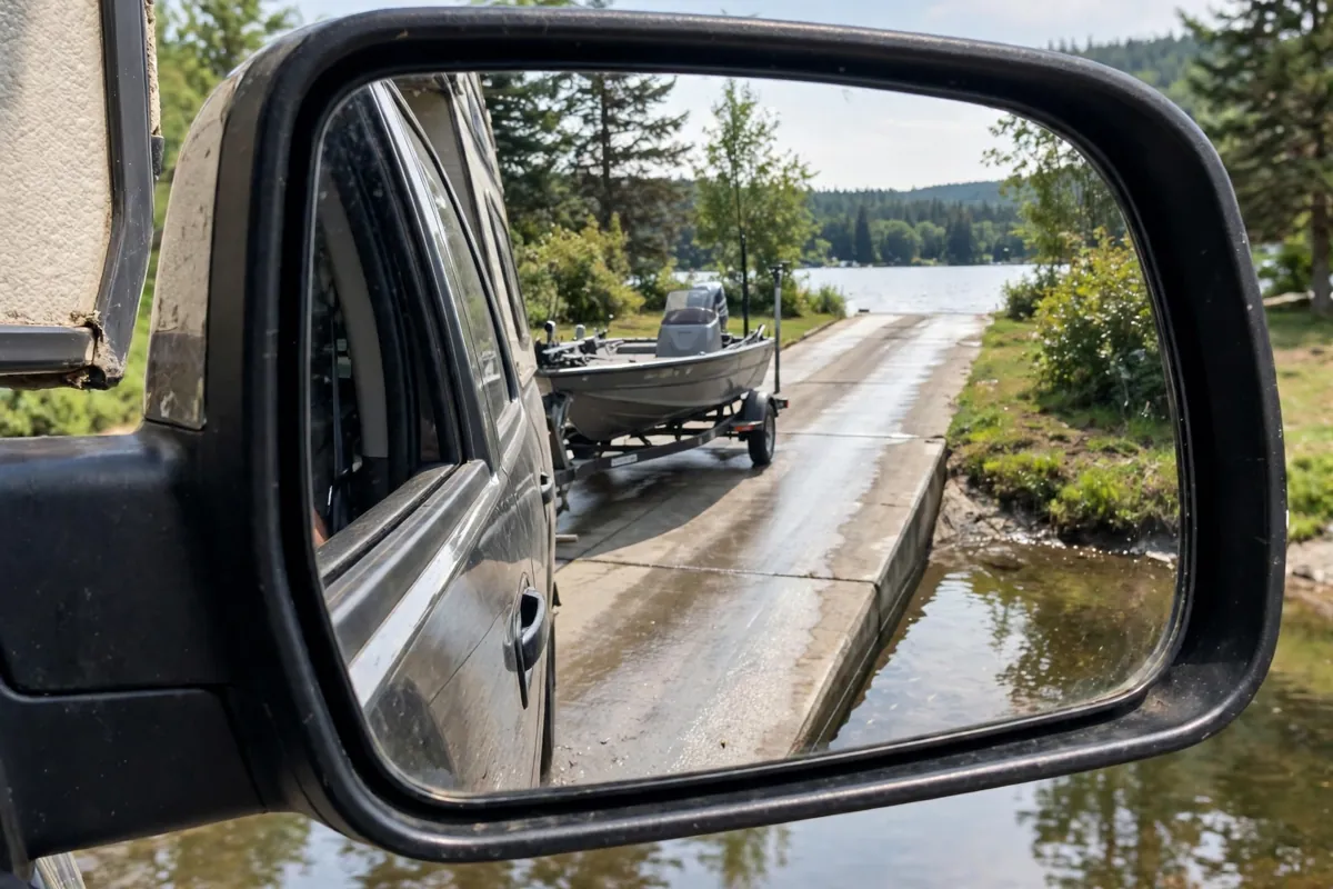 Boat trailer seen in an extended tow mirror while backing down a concrete launch ramp