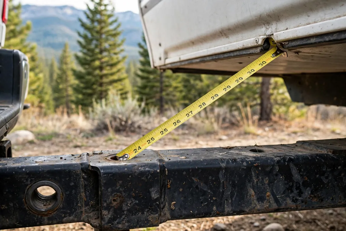 Tape measure stretched from a receiver hitch to a truck camper rear overhang showing extension clearance