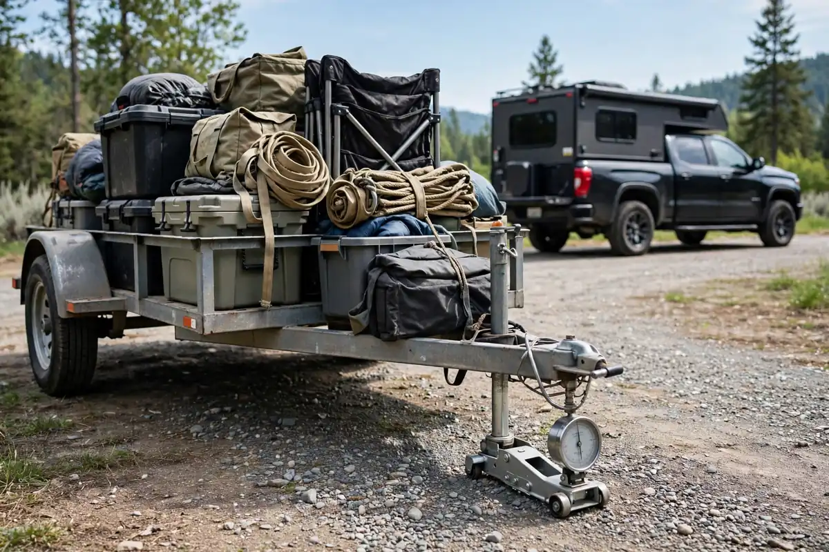 Trailer loaded with weight forward of the axles and a tongue-weight scale under the coupler jack