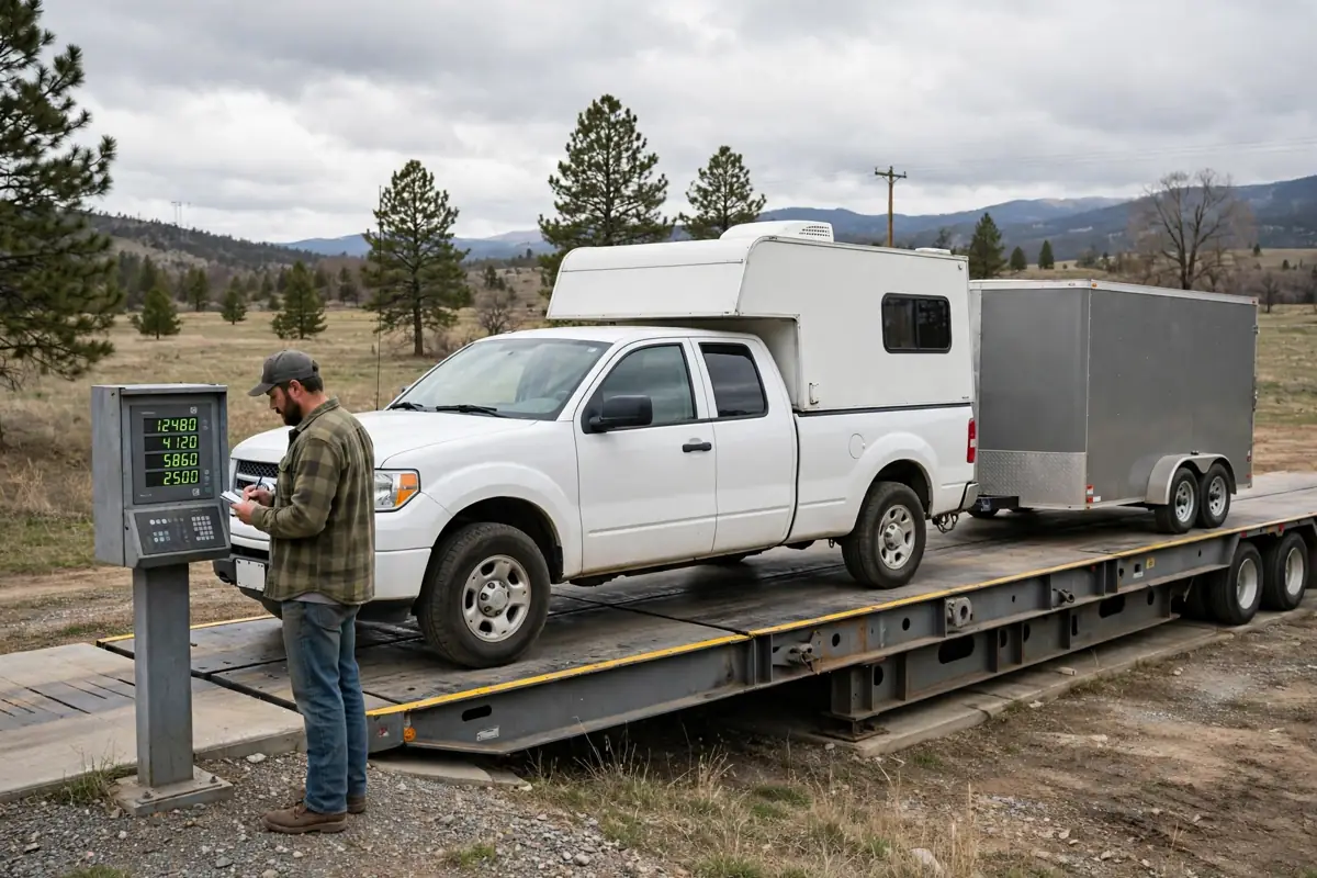 Truck camper and trailer on a public weigh scale while the driver checks the weights