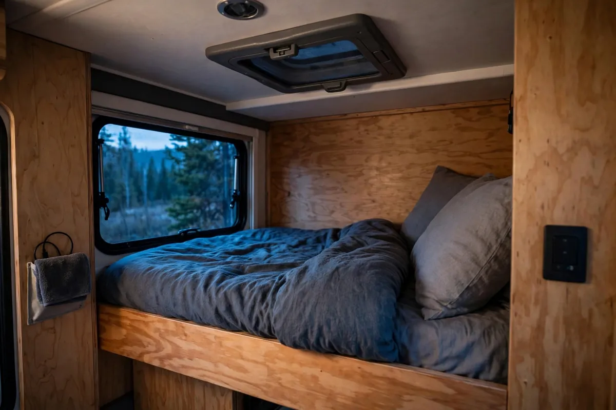 Truck Camper Air Conditioning: Options, Power, and Staying Cool 3 Compact truck camper bunk area with a roof vent and a small control panel in cool evening light