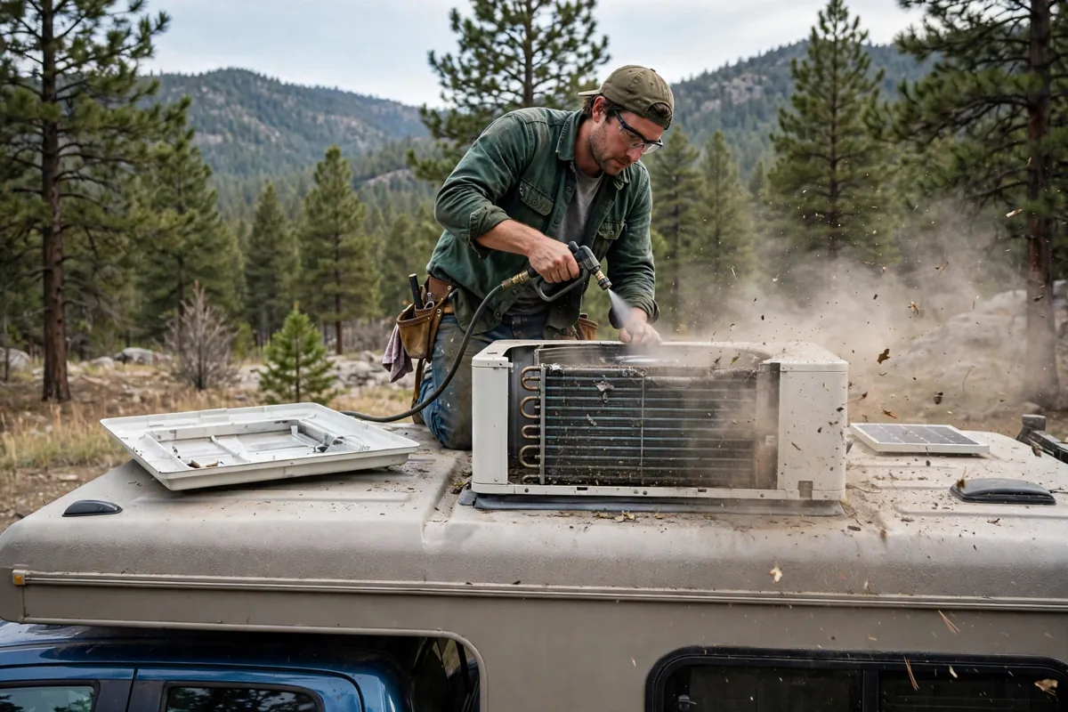 Truck Camper Air Conditioning: Options, Power, and Staying Cool 8 Owner cleaning a rooftop air conditioner condenser coil with compressed air on a camper roof