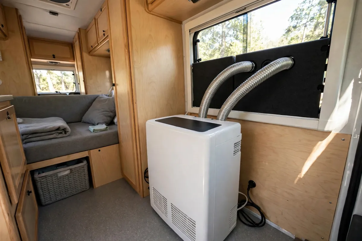 Truck Camper Air Conditioning: Options, Power, and Staying Cool 4 Dual-hose portable air conditioner inside a truck camper with hoses routed to a fitted window panel