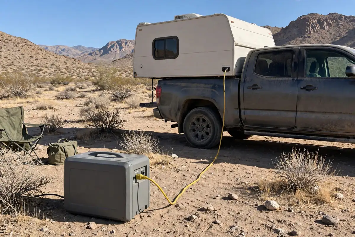 Truck Camper Air Conditioning: Options, Power, and Staying Cool 5 Inverter generator beside a truck camper at a desert campsite with a power cord running to the camper