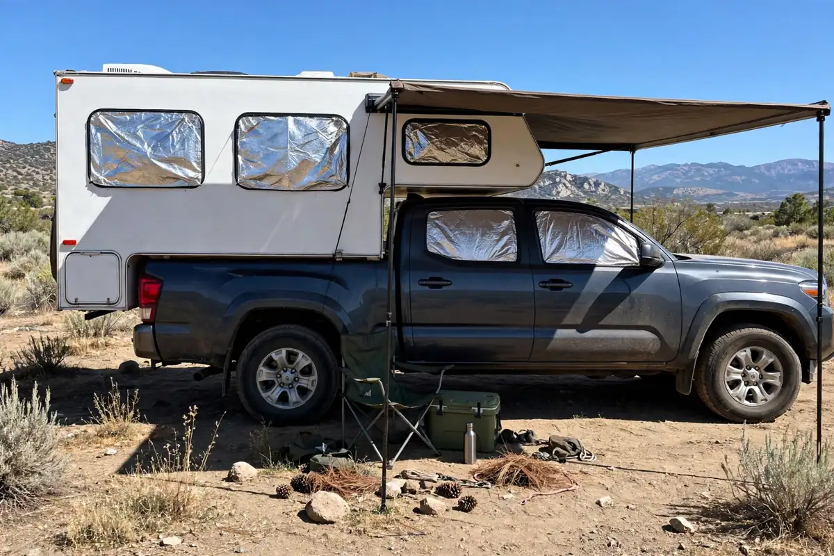 Truck Camper Air Conditioning: Options, Power, and Staying Cool 7 Reflective window covers and an extended awning shading the side of a truck camper on a hot sunny day