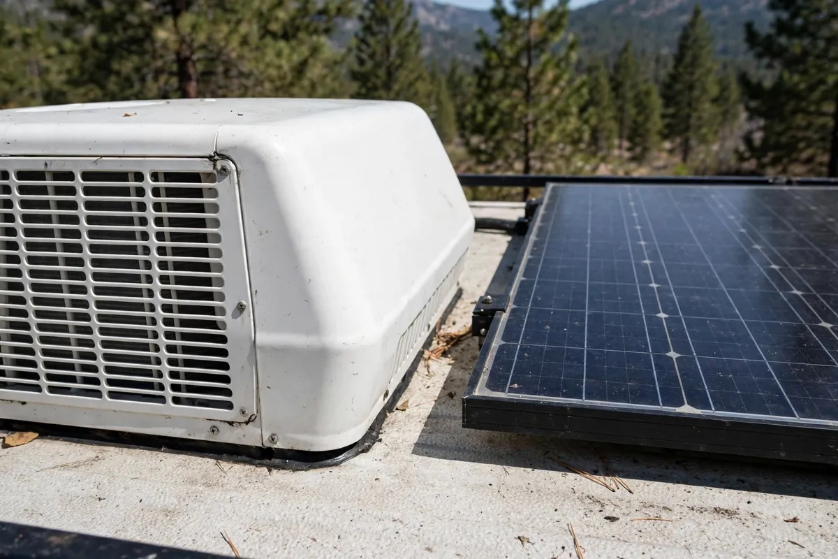 Truck Camper Air Conditioning: Options, Power, and Staying Cool 2 Close-up of a rooftop RV air conditioner shroud beside a solar panel on a truck camper roof