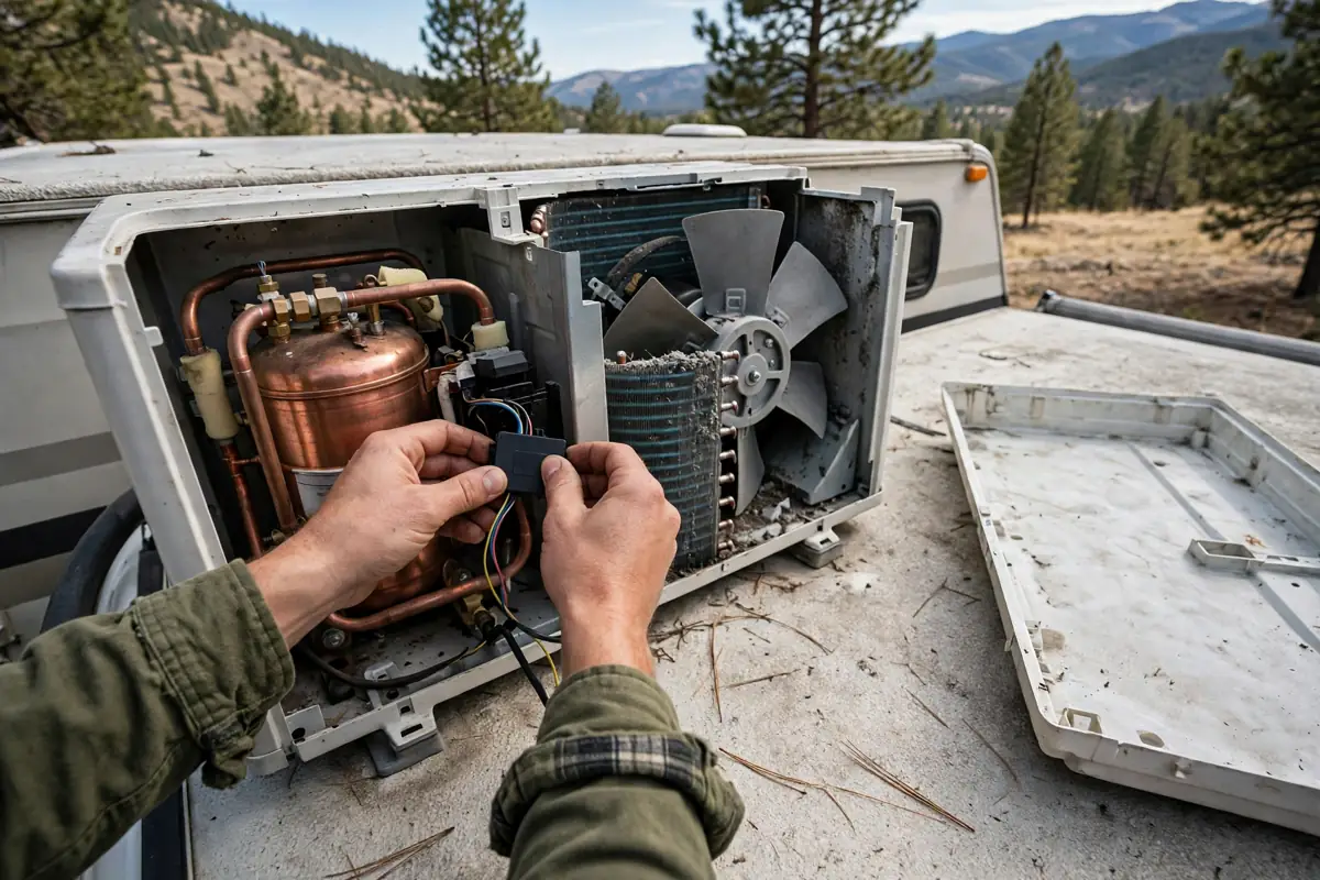 Truck Camper Air Conditioning: Options, Power, and Staying Cool 6 Rooftop air conditioner with its shroud removed showing the compressor area and a small soft-start module being installed