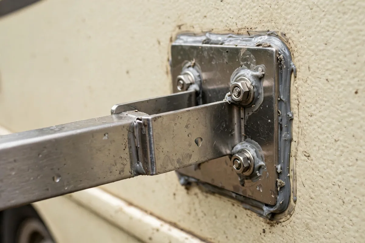 Awning bracket bolted through a truck camper side wall with backing plate and sealant