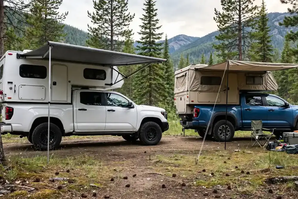 Cassette wind-out awning on one truck camper beside a bag awning on another