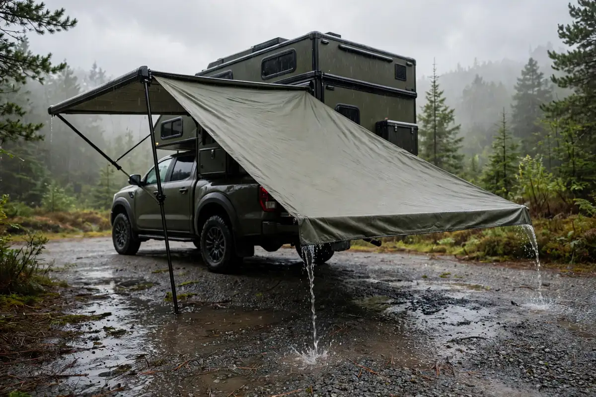 Truck camper awning pitched with one side lower so rainwater runs off the low corner