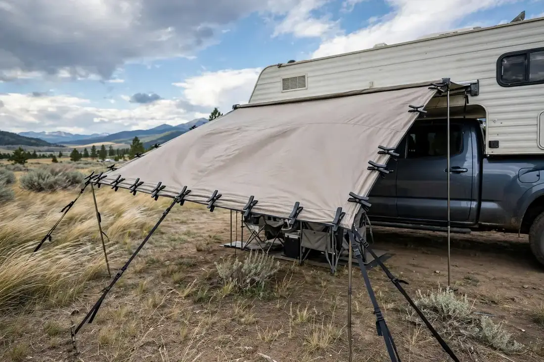 Truck camper awning staked down with tie-down straps and de-flapper clamps