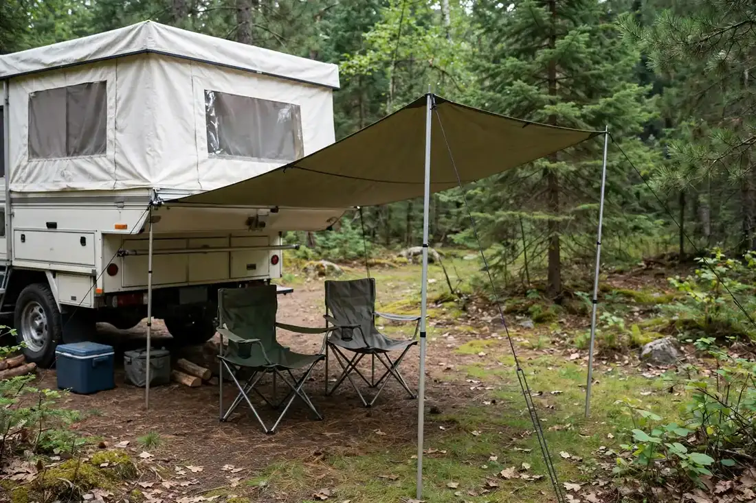 Tarp-and-pole shade rigged from a pop-up truck camper at a forest campsite