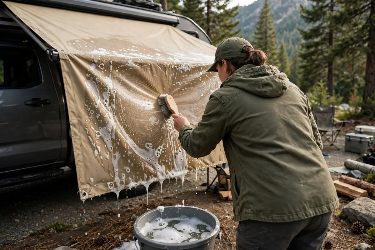 Owner washing an extended truck camper awning with a soft brush and soapy water