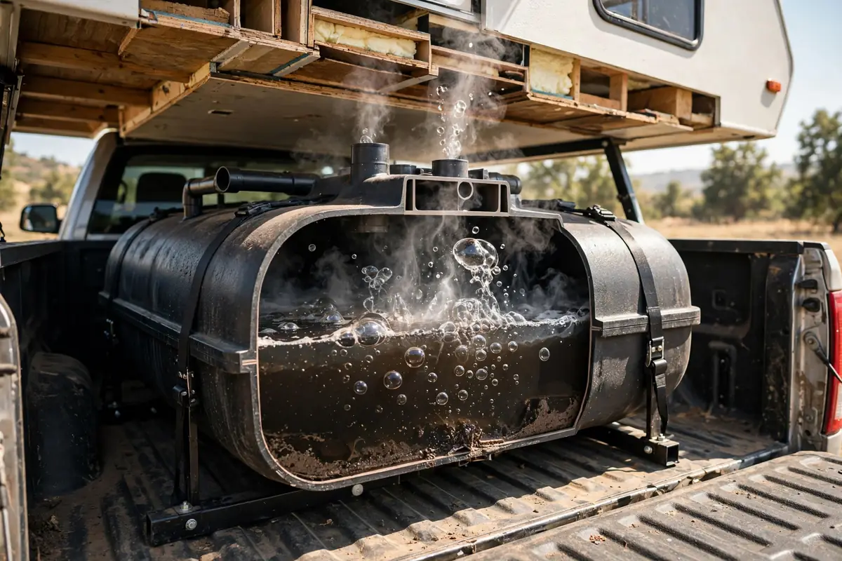 Cutaway view of a black holding tank under a truck camper with waste water and gas rising