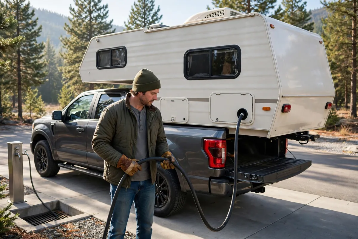 Camper owner at a dump station holding a sewer hose connected to a truck camper