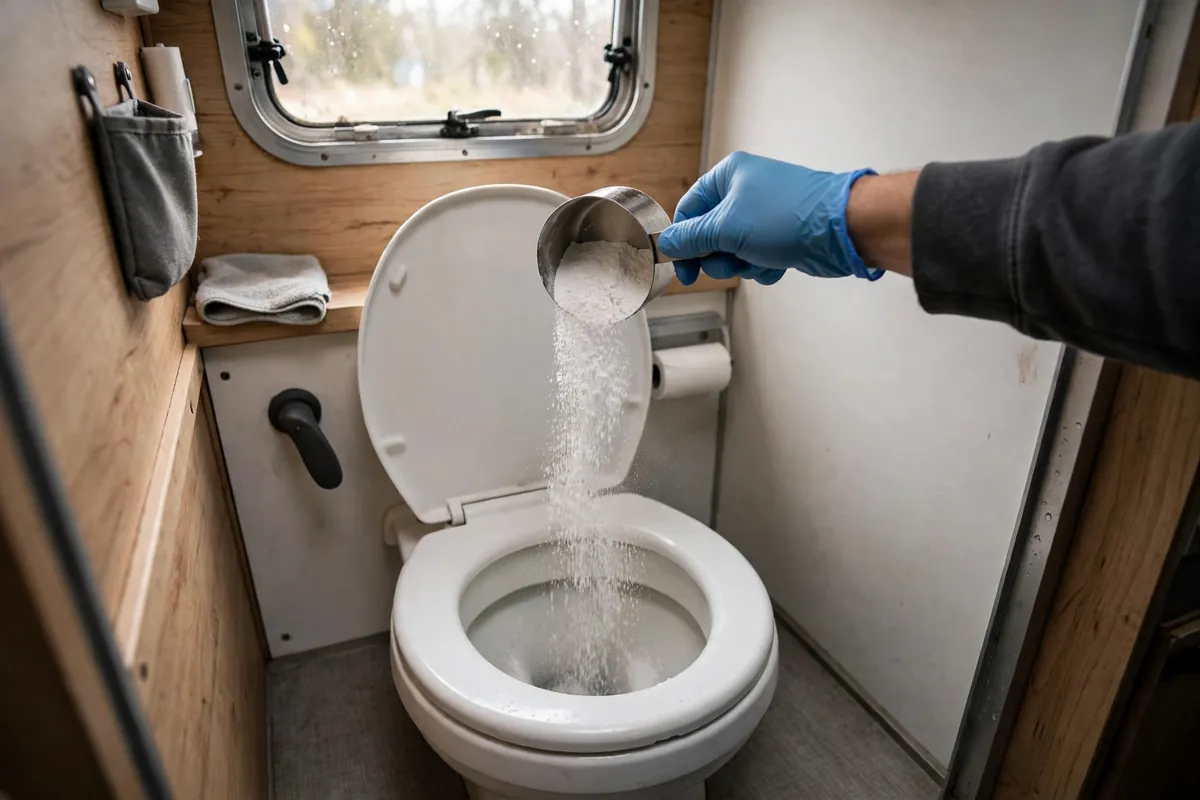 Gloved hand pouring white powder treatment from a cup into an RV toilet