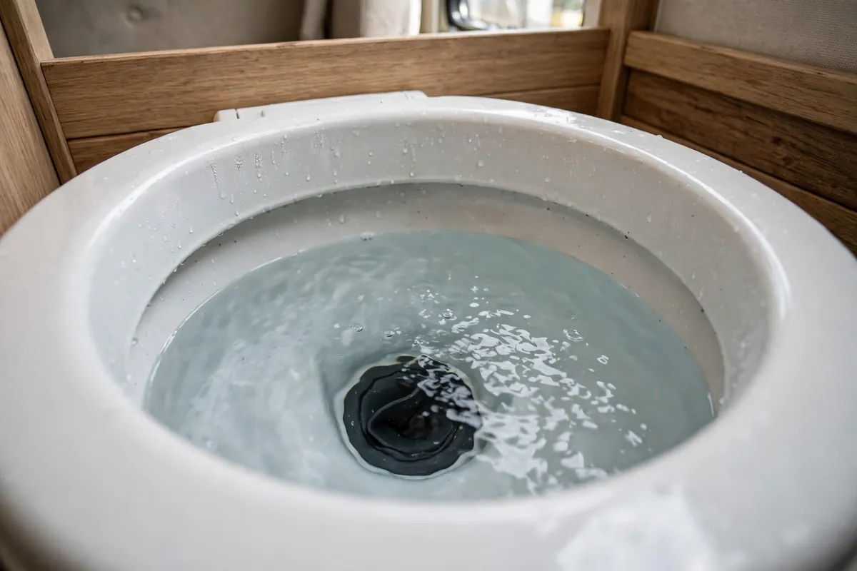Close-up of an RV toilet bowl half filled with clean water over the rubber blade seal