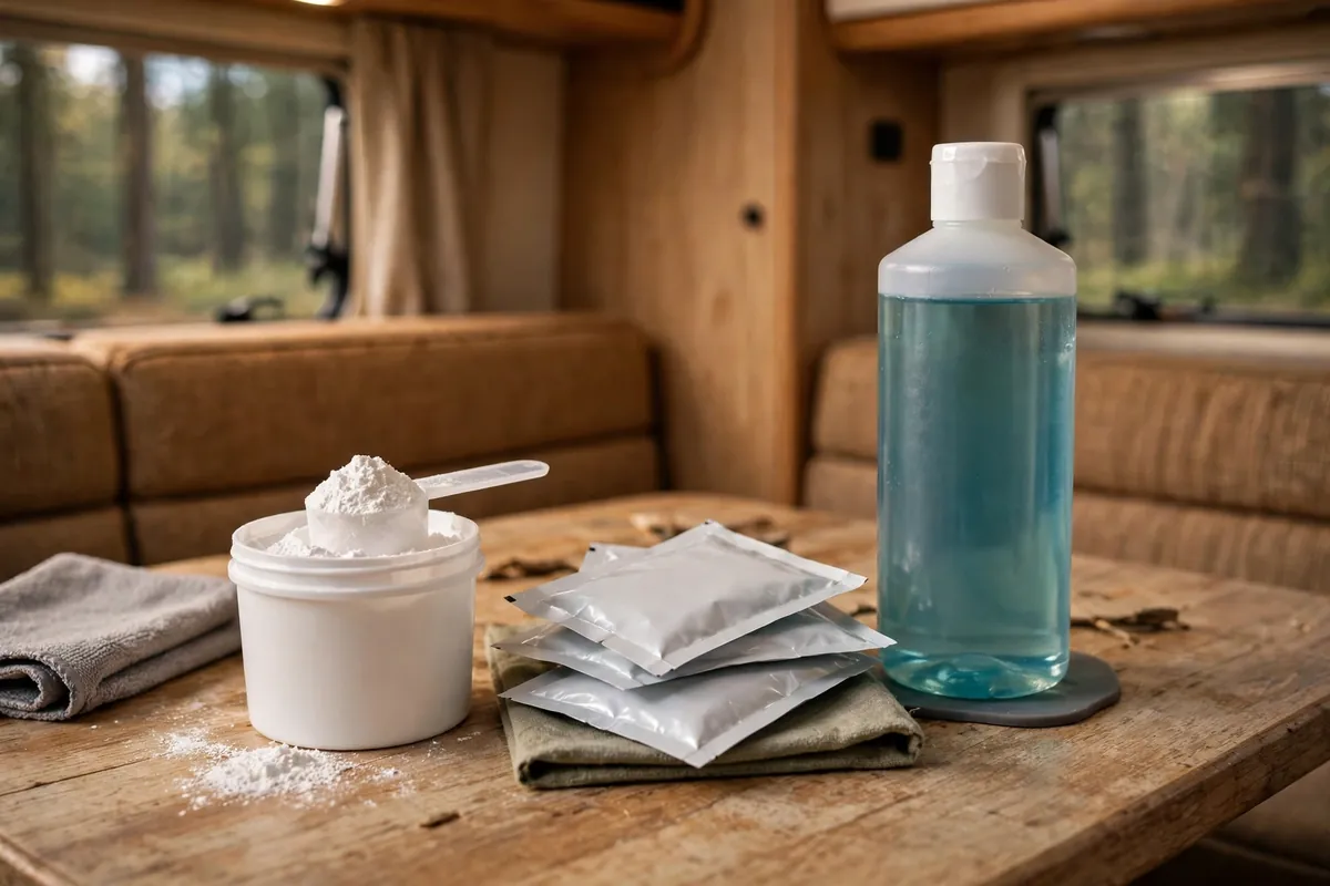 Unbranded RV holding tank treatment products on a camper dinette table